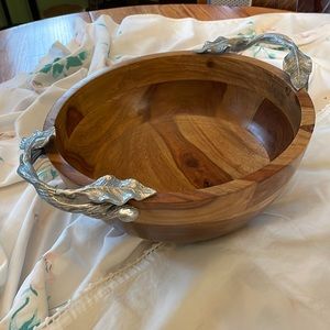 Wood serving bowl w/ pewter handles. 11.5” diameter, 5” deep.